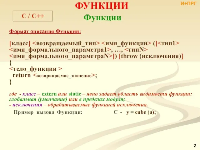 ФУНКЦИИ C / C++ Формат описания Функции: [класс] ([ , …, ])