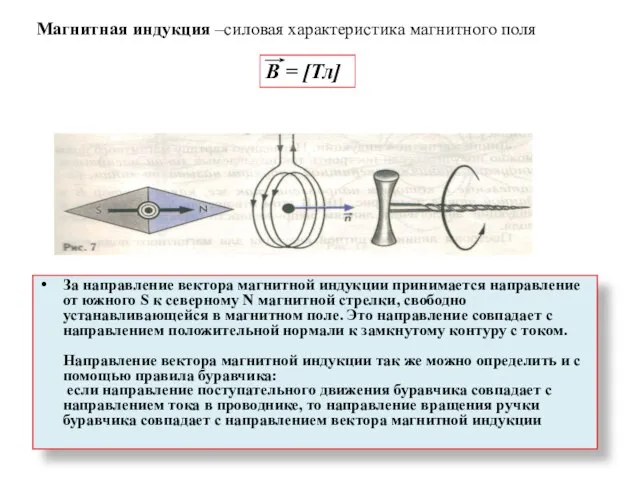 За направление вектора магнитной индукции принимается направление от южного S к северному