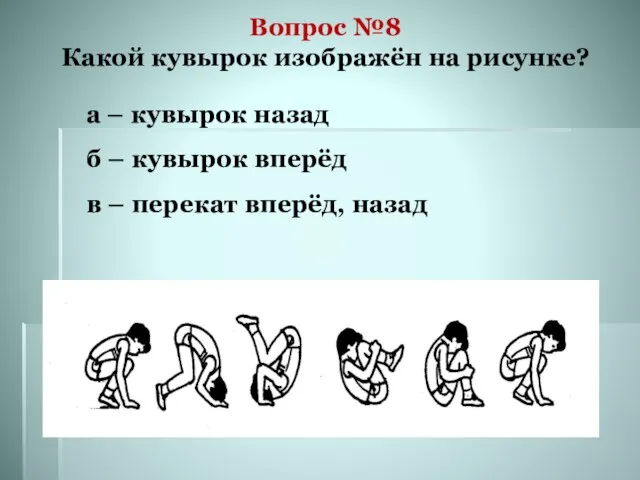 Вопрос №8 Какой кувырок изображён на рисунке? а – кувырок назад б