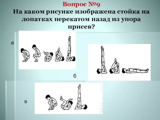 Вопрос №9 На каком рисунке изображена стойка на лопатках перекатом назад из