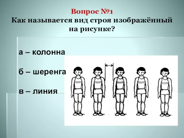 Вопрос №1 Как называется вид строя изображённый на рисунке? а – колонна