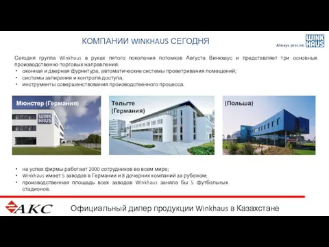Официальный дилер продукции Winkhaus в Казахстане КОМПАНИИ WINKHAUS СЕГОДНЯ Сегодня группа Winkhaus