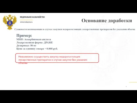 Основание доработки 4 Сложности возникающие в случае закупки недорогостоящих лекарственных препаратов без