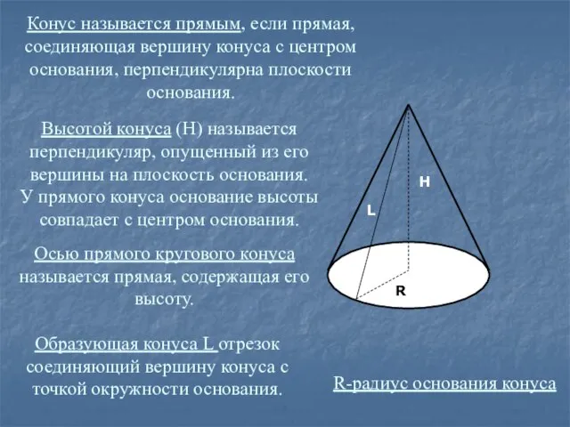 Конус называется прямым, если прямая, соединяющая вершину конуса с центром основания, перпендикулярна