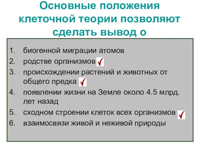 Основные положения клеточной теории позволяют сделать вывод о биогенной миграции атомов родстве