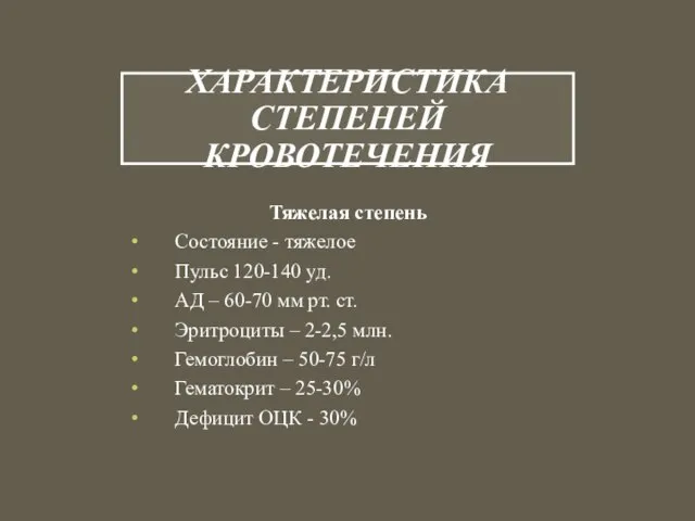 ХАРАКТЕРИСТИКА СТЕПЕНЕЙ КРОВОТЕЧЕНИЯ Тяжелая степень Состояние - тяжелое Пульс 120-140 уд. АД