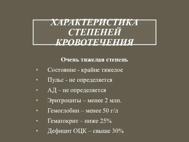 ХАРАКТЕРИСТИКА СТЕПЕНЕЙ КРОВОТЕЧЕНИЯ Очень тяжелая степень Состояние - крайне тяжелое Пульс -