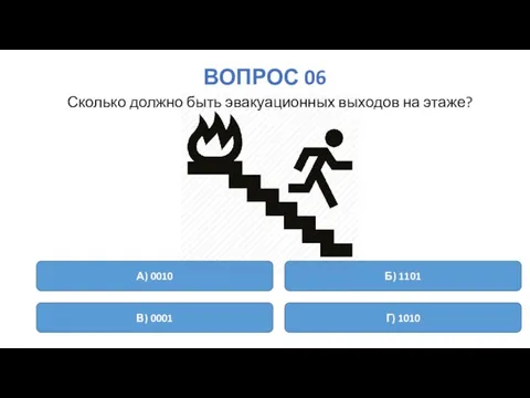 ВОПРОС 06 Сколько должно быть эвакуационных выходов на этаже? А) 0010 Б)