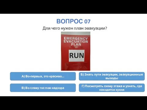 ВОПРОС 07 Для чего нужен план эвакуации? А) Во-первых, это красиво... Б)