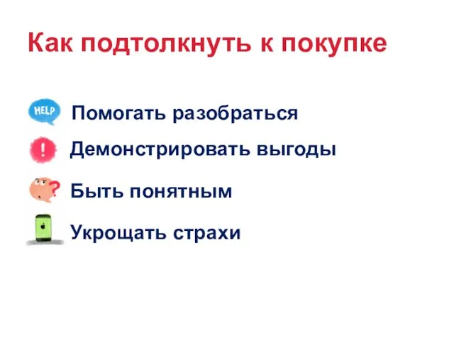 Как подтолкнуть к покупке Помогать разобраться Демонстрировать выгоды Укрощать страхи Быть понятным