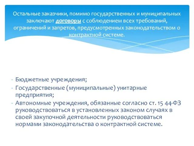 Бюджетные учреждения; Государственные (муниципальные) унитарные предприятия; Автономные учреждения, обязанные согласно ст. 15