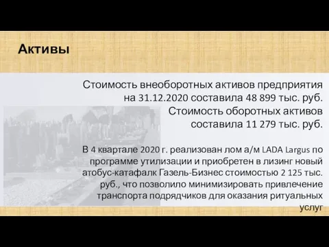 Стоимость внеоборотных активов предприятия на 31.12.2020 составила 48 899 тыс. руб. Стоимость