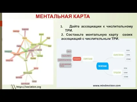 МЕНТАЛЬНАЯ КАРТА www.mindmeister.com Дайте ассоциации к числительному ТРИ. 2. Составьте ментальную карту