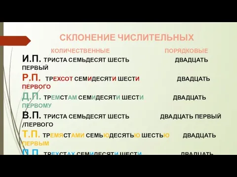 СКЛОНЕНИЕ ЧИСЛИТЕЛЬНЫХ И.П. ТРИСТА СЕМЬДЕСЯТ ШЕСТЬ ДВАДЦАТЬ ПЕРВЫЙ Р.П. ТРЕХСОТ СЕМИДЕСЯТИ ШЕСТИ