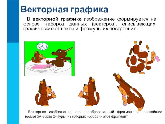 Векторная графика В векторной графике изображение формируется на основе наборов данных (векторов),