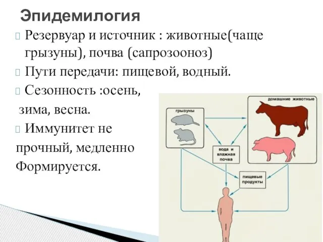 Резервуар и источник : животные(чаще грызуны), почва (сапрозооноз) Пути передачи: пищевой, водный.