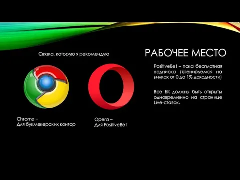 РАБОЧЕЕ МЕСТО Сhrome – Для букмекерских контор Opera – Для PositiveBet Связка,