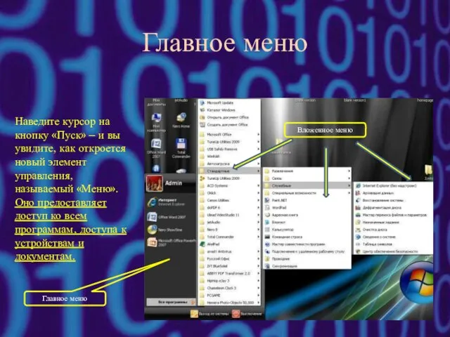 Главное меню Наведите курсор на кнопку «Пуск» – и вы увидите, как