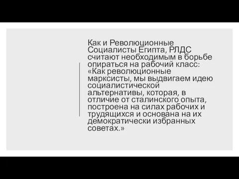 Как и Революционные Социалисты Египта, РЛДС считают необходимым в борьбе опираться на