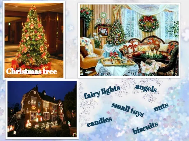 Christmas tree fairy lights angels small toys nuts candies biscuits