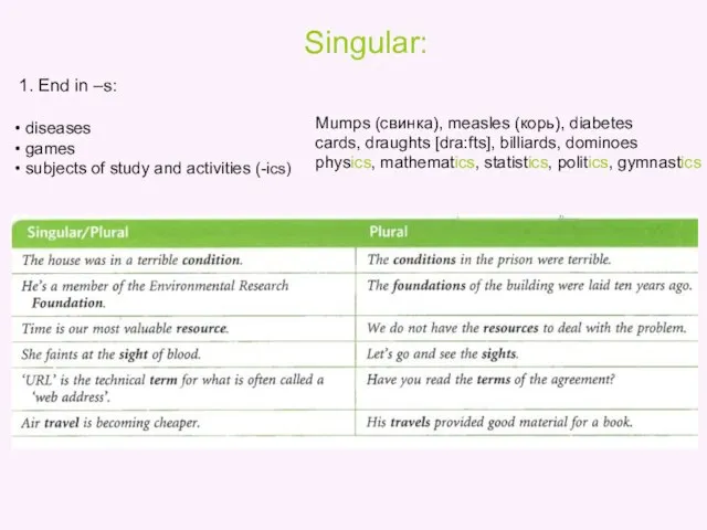 Singular: 1. End in –s: • diseases • games • subjects of