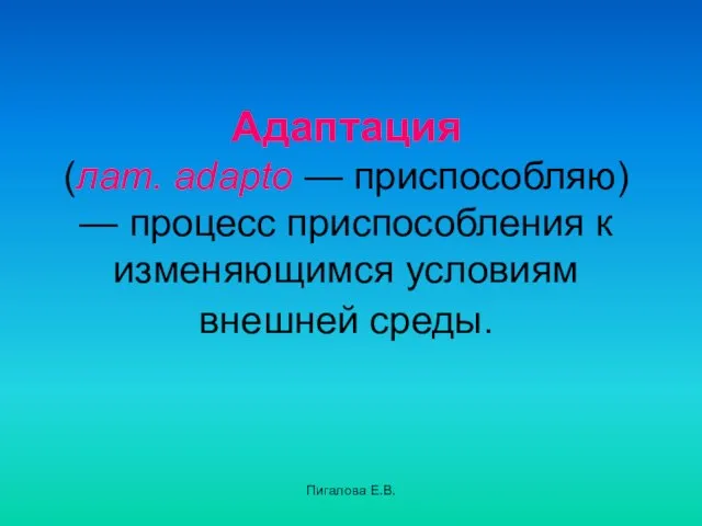 Пигалова Е.В. Адаптация (лат. adapto — приспособляю) — процесс приспособления к изменяющимся условиям внешней среды.