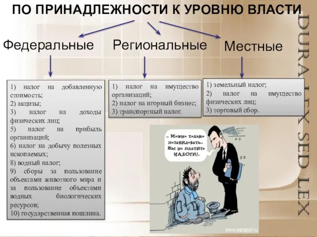 ПО ПРИНАДЛЕЖНОСТИ К УРОВНЮ ВЛАСТИ Федеральные Местные Региональные 1) налог на добавленную