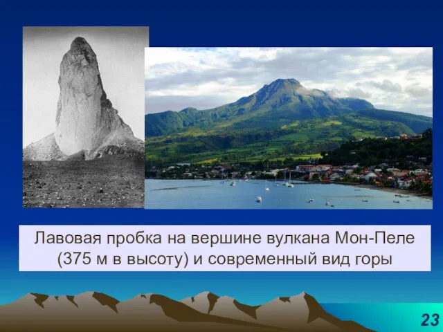 Лавовая пробка на вершине вулкана Мон-Пеле (375 м в высоту) и современный вид горы