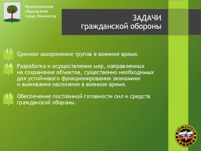 Муниципальное образование город Ломоносов ЗАДАЧИ гражданской обороны Срочное захоронение трупов в военное