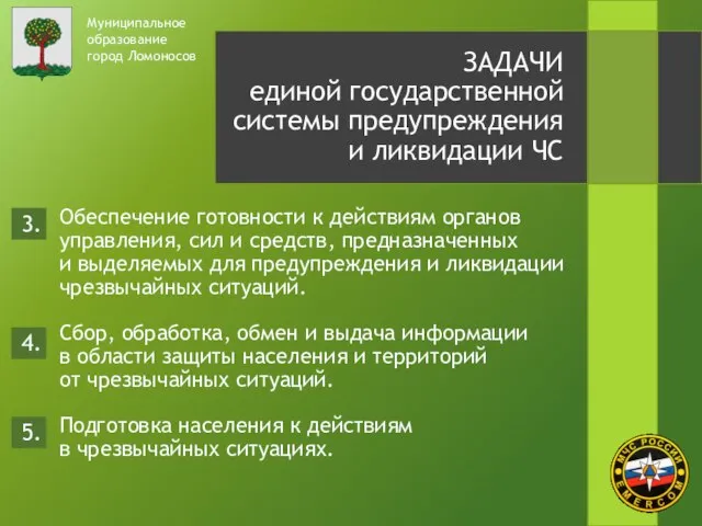 Муниципальное образование город Ломоносов ЗАДАЧИ единой государственной системы предупреждения и ликвидации ЧС