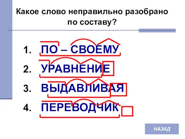 Какое слово неправильно разобрано по составу? НАЗАД ПО – СВОЕМУ УРАВНЕНИЕ ВЫДАВЛИВАЯ ПЕРЕВОДЧИК