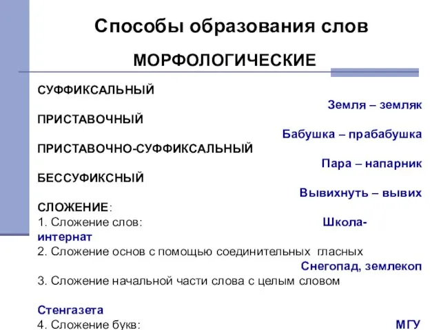 Способы образования слов СУФФИКСАЛЬНЫЙ Земля – земляк ПРИСТАВОЧНЫЙ Бабушка – прабабушка ПРИСТАВОЧНО-СУФФИКСАЛЬНЫЙ