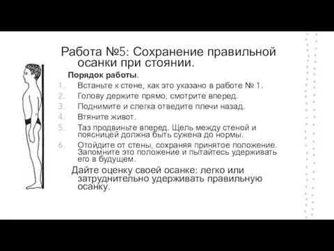 Работа №5: Сохранение правильной осанки при стоянии. Порядок работы. Встаньте к стене,