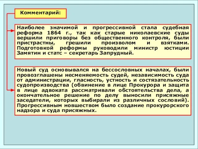 Наиболее значимой и прогрессивной стала судебная реформа 1864 г., так как старые