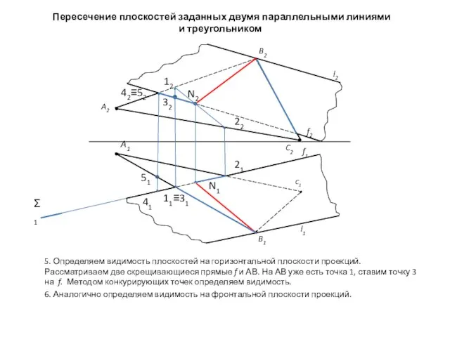 Пересечение плоскостей заданных двумя параллельными линиями и треугольником 5. Определяем видимость плоскостей