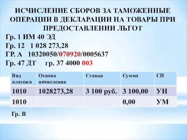 ИСЧИСЛЕНИЕ СБОРОВ ЗА ТАМОЖЕННЫЕ ОПЕРАЦИИ В ДЕКЛАРАЦИИ НА ТОВАРЫ ПРИ ПРЕДОСТАВЛЕНИИ ЛЬГОТ