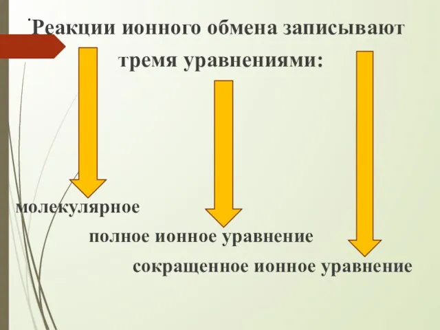 . Реакции ионного обмена записывают тремя уравнениями: молекулярное полное ионное уравнение сокращенное ионное уравнение