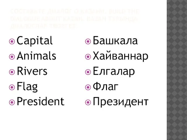 СОСТАВЬТЕ ДИАЛОГ О КАЗАНИ. BUILD THE DIALOGUE ABOUT KAZAN. КАЗАН ТУРЫНДА ДИАЛОГЛАР