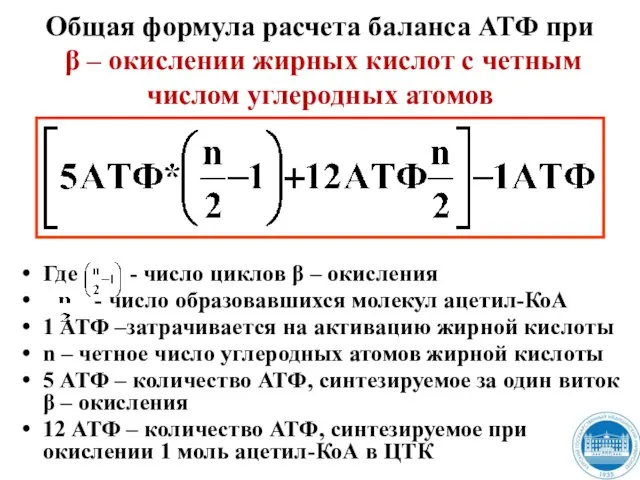 Общая формула расчета баланса АТФ при β – окислении жирных кислот с