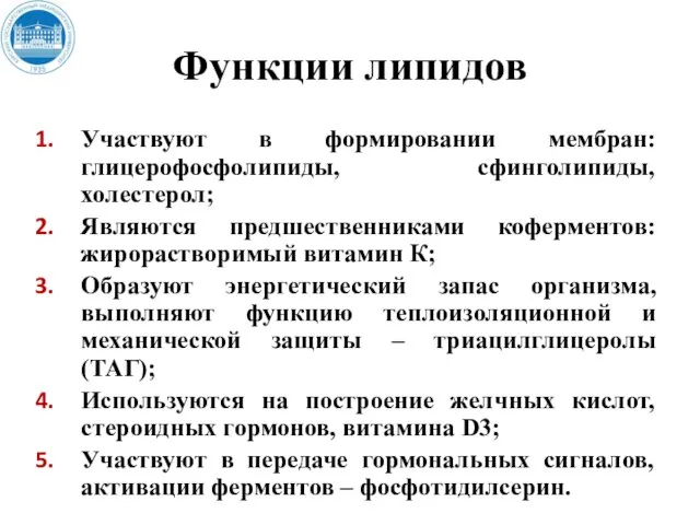 Функции липидов Участвуют в формировании мембран: глицерофосфолипиды, сфинголипиды, холестерол; Являются предшественниками коферментов: