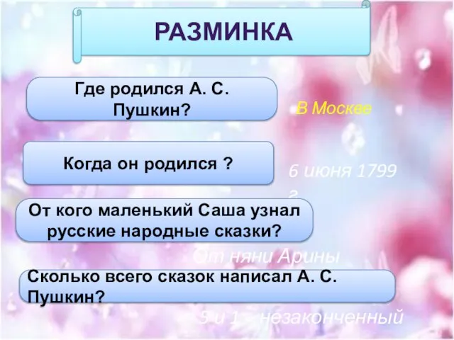РАЗМИНКА Где родился А. С. Пушкин? В Москве Когда он родился ?