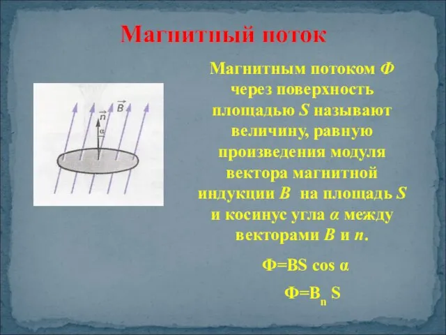 Магнитным потоком Ф через поверхность площадью S называют величину, равную произведения модуля