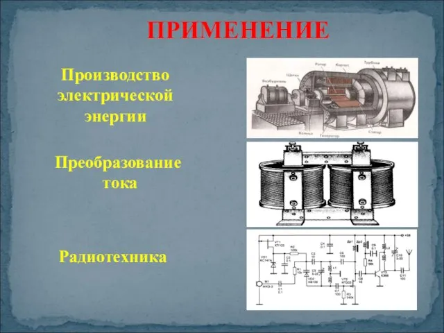 ПРИМЕНЕНИЕ Производство электрической энергии Преобразование тока Радиотехника