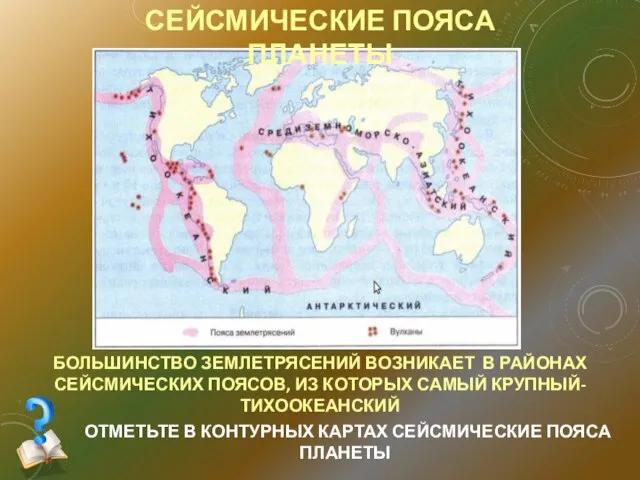 СЕЙСМИЧЕСКИЕ ПОЯСА ПЛАНЕТЫ БОЛЬШИНСТВО ЗЕМЛЕТРЯСЕНИЙ ВОЗНИКАЕТ В РАЙОНАХ СЕЙСМИЧЕСКИХ ПОЯСОВ, ИЗ КОТОРЫХ