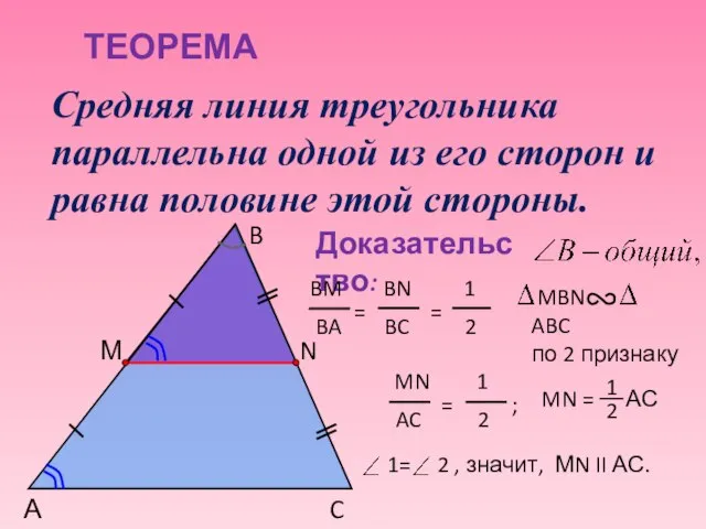 ТЕОРЕМА Средняя линия треугольника параллельна одной из его сторон и равна половине