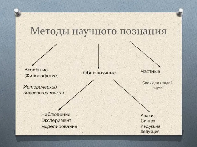 Методы научного познания Всеобщие (Философские) Общенаучные Частные Исторический лингвистический Свои для каждой