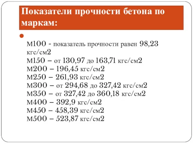 Показатели прочности бетона по маркам: М100 - показатель прочности равен 98,23 кгс/см2