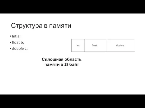 Структура в памяти Int a; float b; double c; Int float double