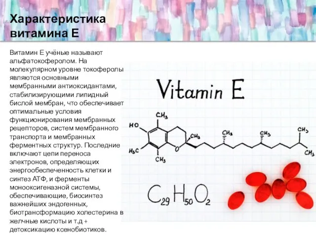 Характеристика витамина Е Витамин Е учёные называют альфатокоферолом. На молекулярном уровне токоферолы