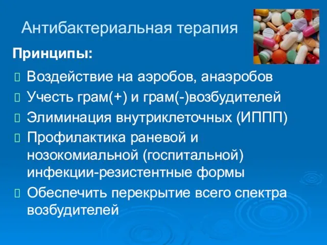 Антибактериальная терапия Воздействие на аэробов, анаэробов Учесть грам(+) и грам(-)возбудителей Элиминация внутриклеточных